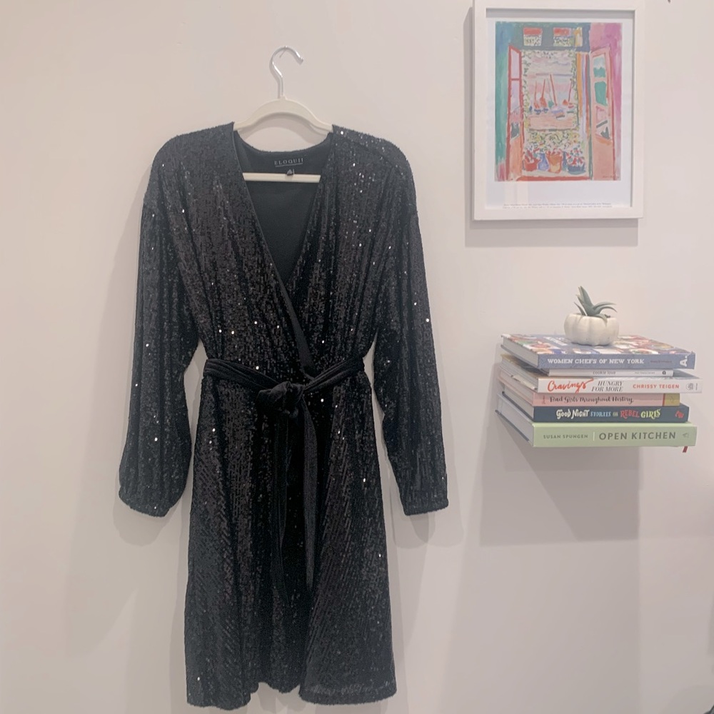 Eloquii Black Sequin Dress with Velvet Tie